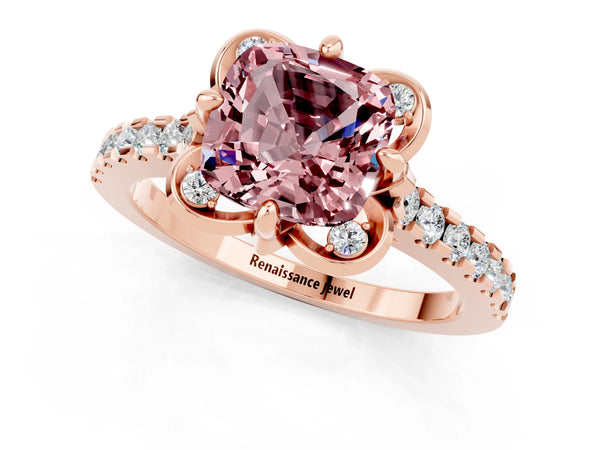 Rose gold Cushion Cut Morganite Ring with Pavé Band and Floral Prong Setting