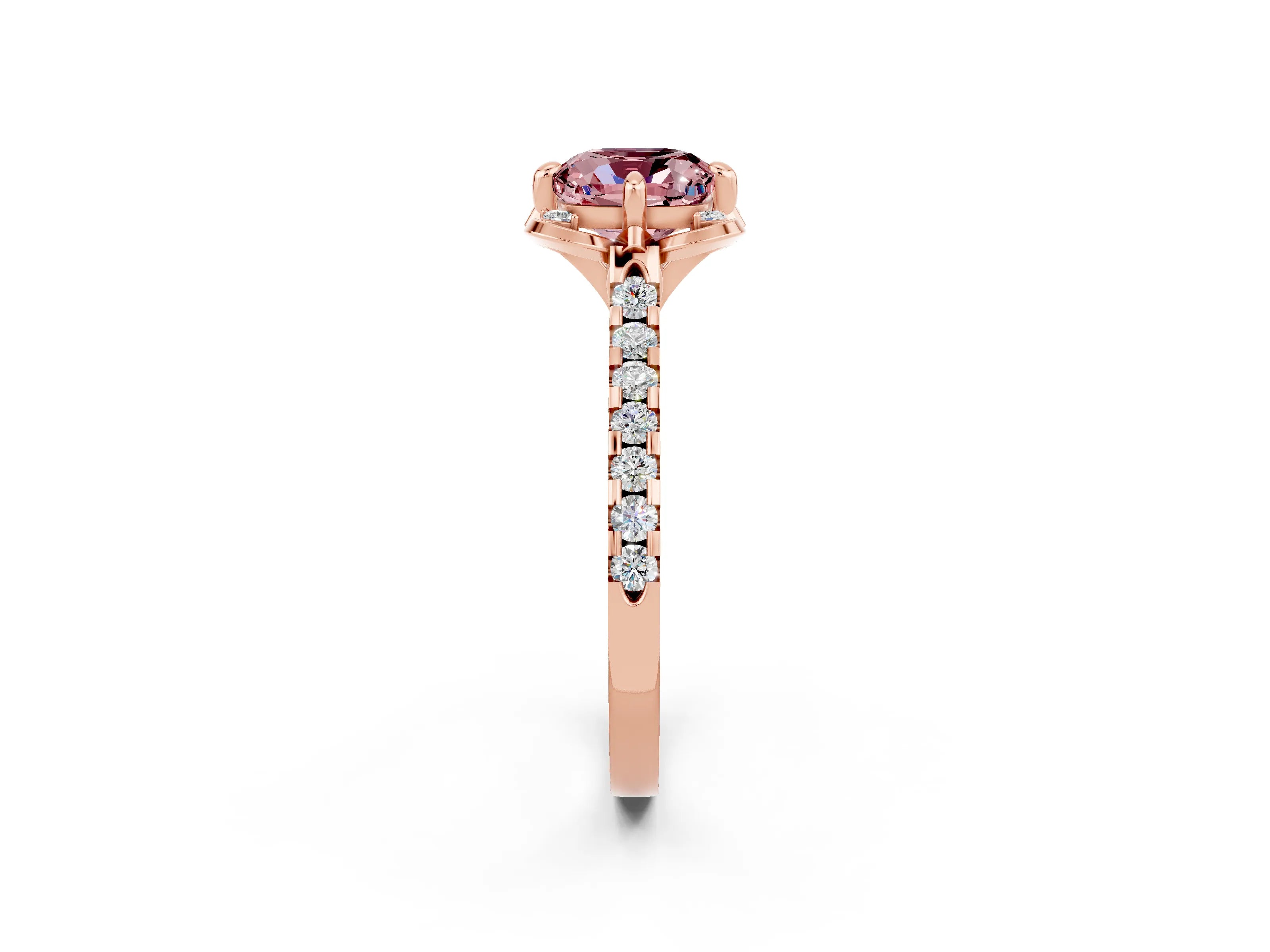 Rose gold Cushion Cut Morganite Ring with Pavé Band and Floral Prong Setting_2