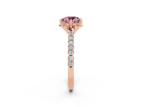 Rose gold Cushion Cut Morganite Ring with Pavé Band and Floral Prong Setting