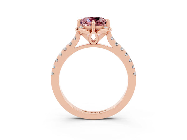 Rose gold Cushion Cut Morganite Ring with Pavé Band and Floral Prong Setting