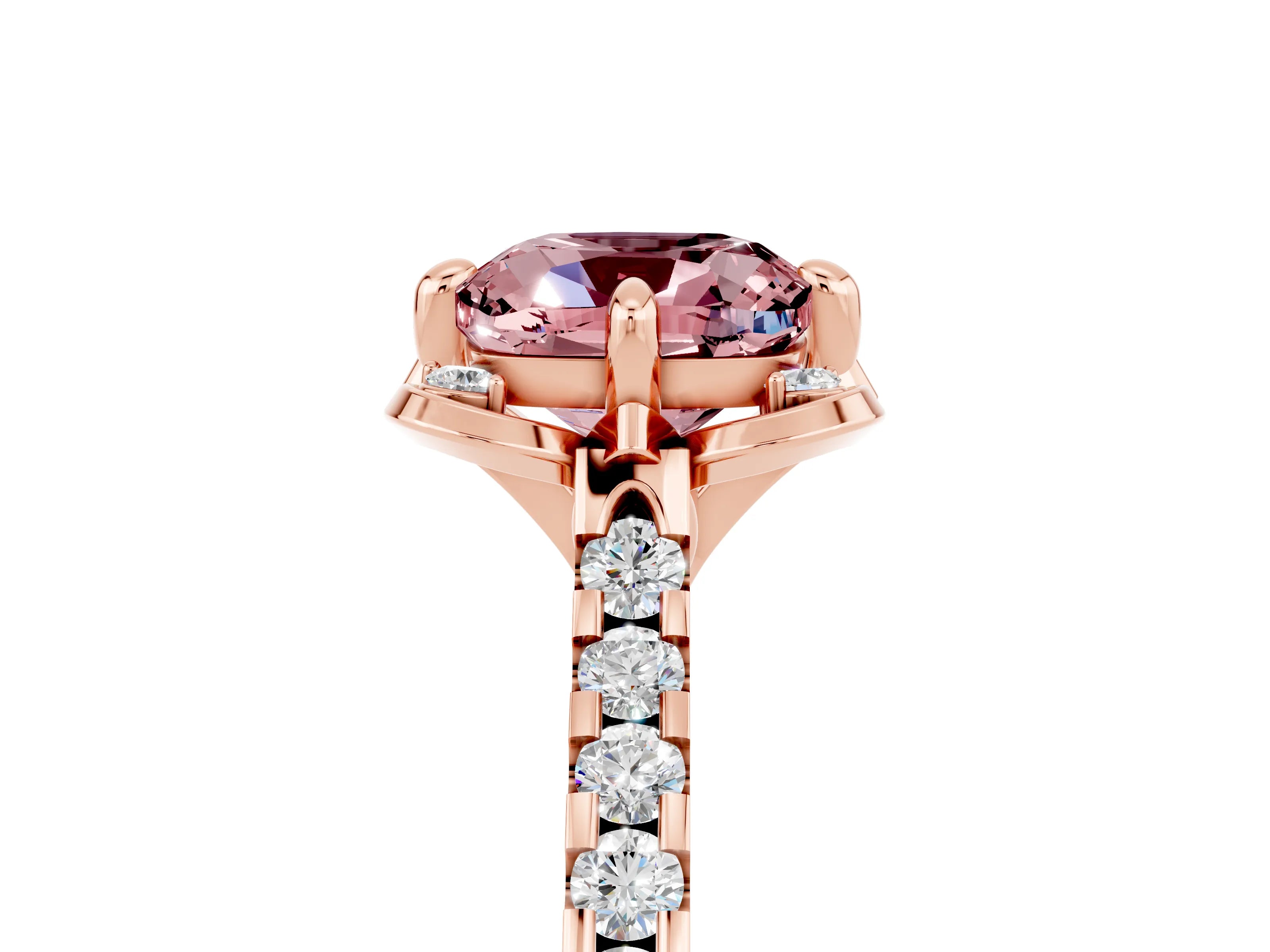 Rose gold Cushion Cut Morganite Ring with Pavé Band and Floral Prong Setting_5