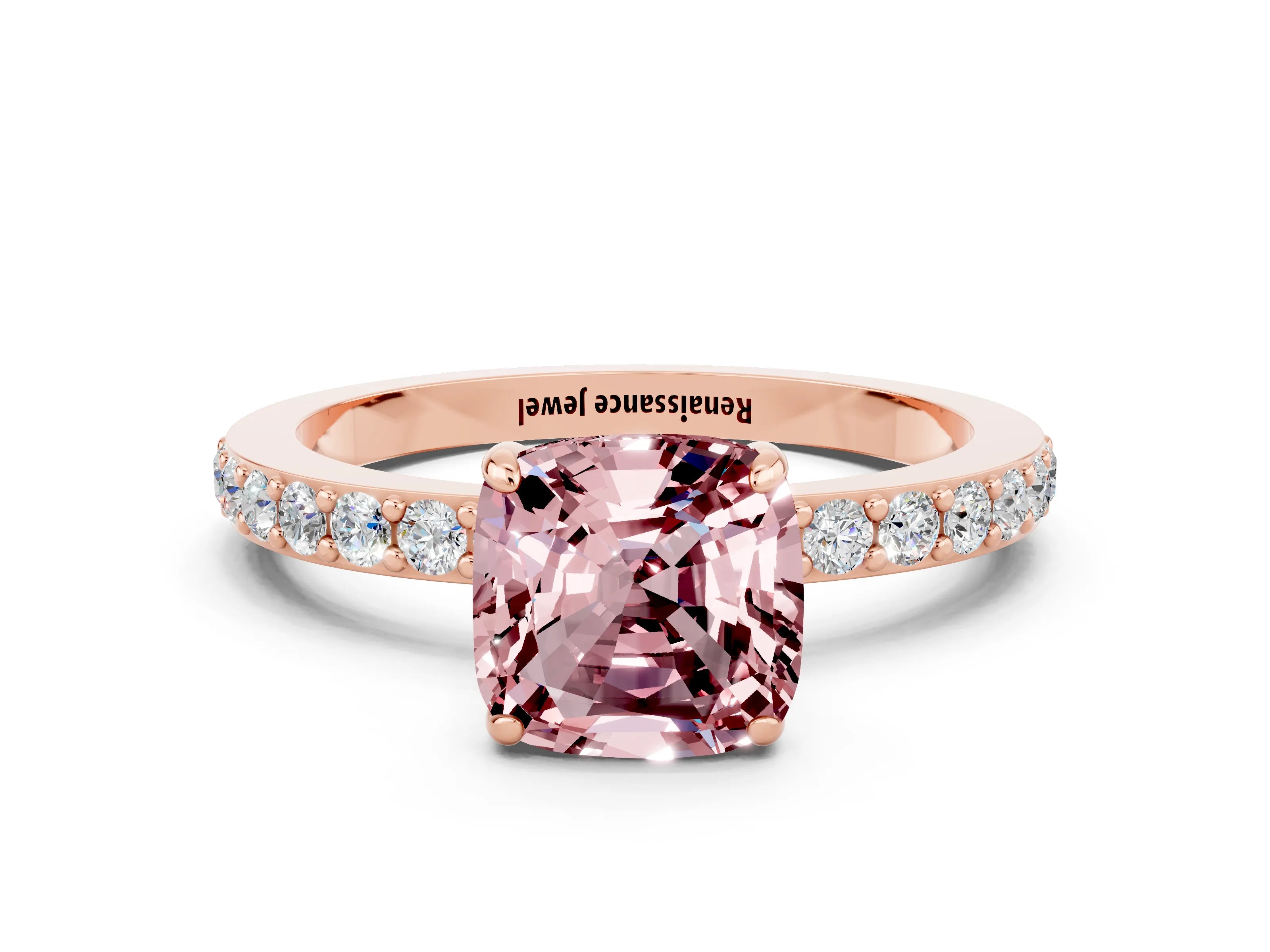 Rose gold Cushion Cut Morganite Ring with Pavé Band and Four-Prong Setting