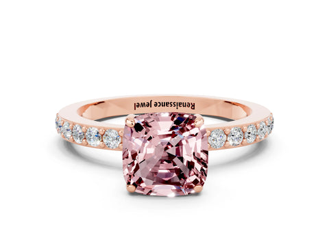 Rose gold Cushion Cut Morganite Ring with Pavé Band and Four-Prong Setting