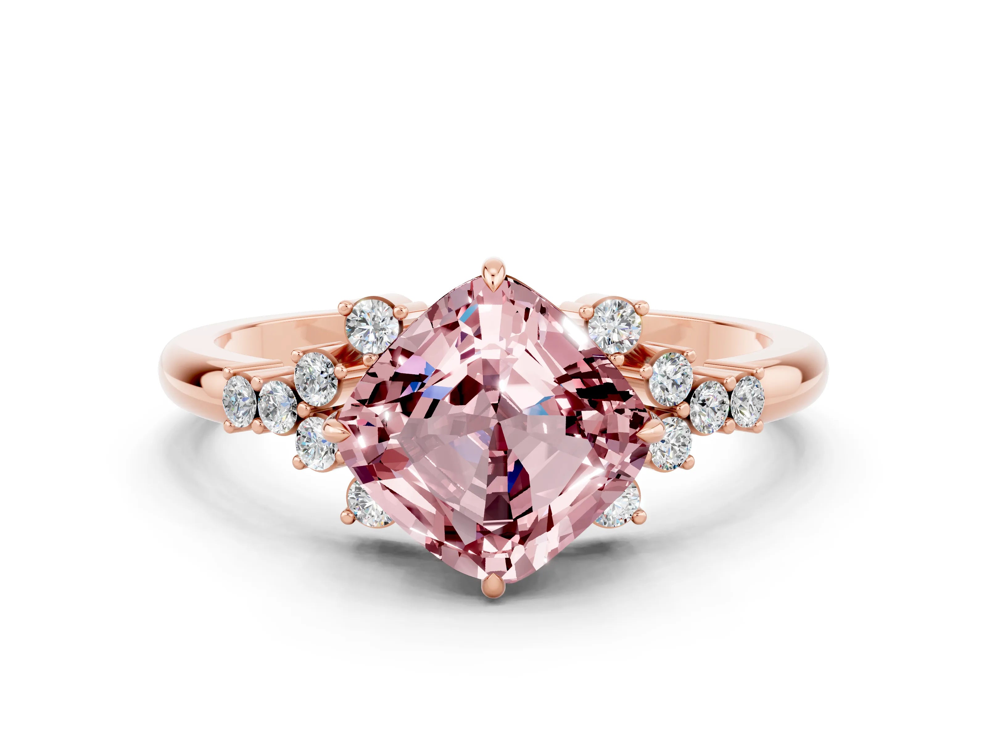 Rose gold Cushion Cut Morganite Ring with Side Stones and Four-Prong Setting_36