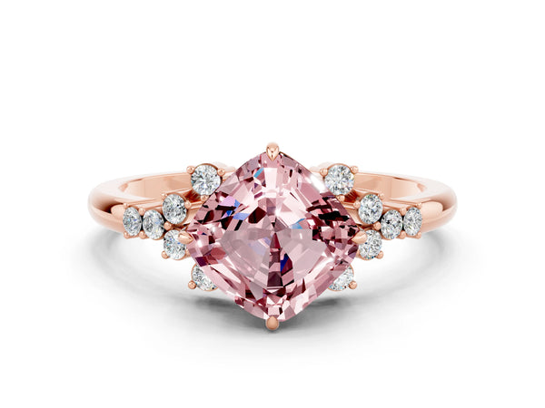 Rose gold Cushion Cut Morganite Ring with Side Stones and Four-Prong Setting