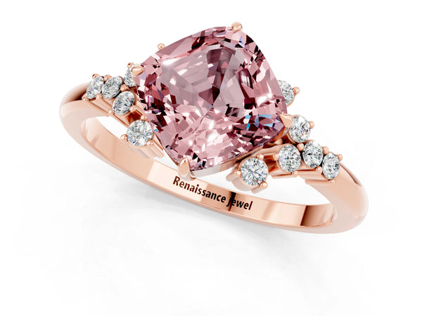 Rose gold Cushion Cut Morganite Ring with Side Stones and Four-Prong Setting