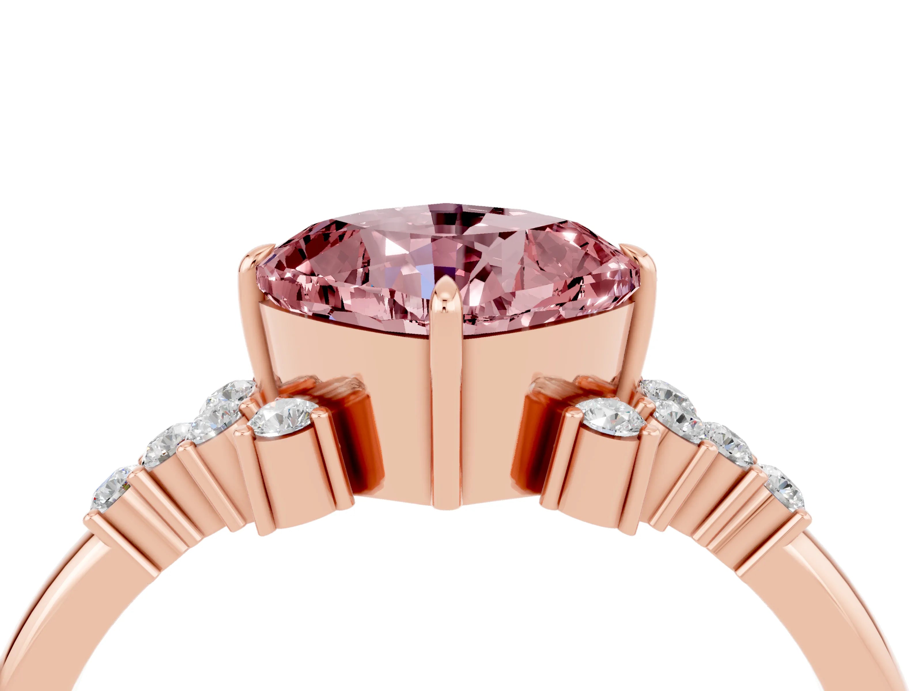 Rose gold Cushion Cut Morganite Ring with Side Stones and Four-Prong Setting_40