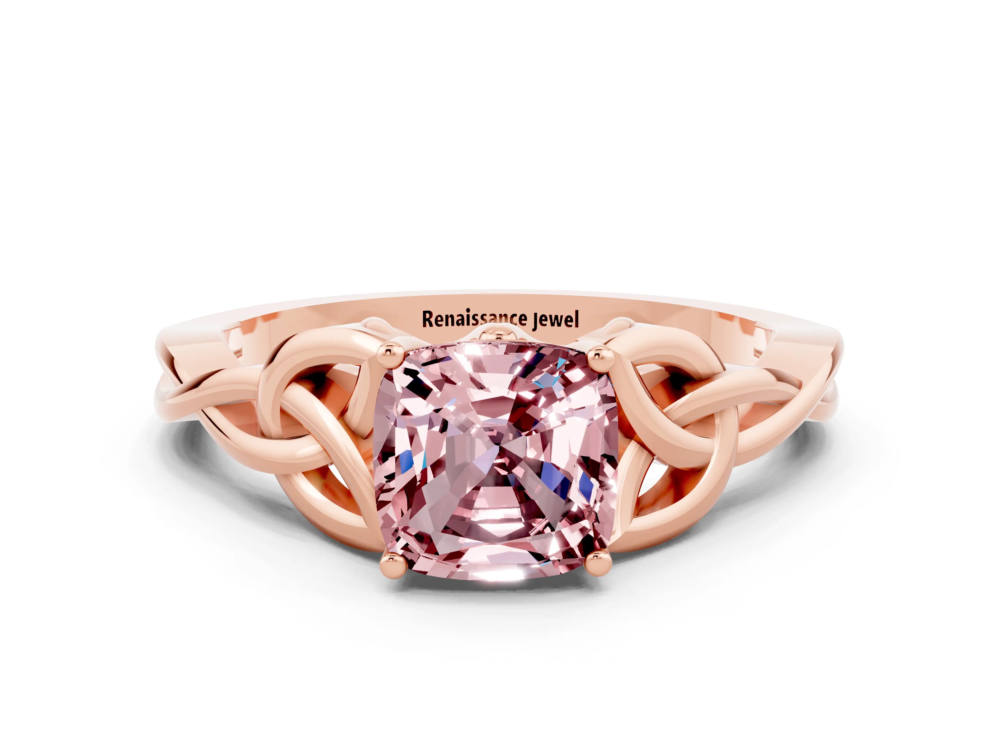 Rose gold Cushion Cut Morganite Solitaire Celtic Knot Ring with Four-Prong Setting_12