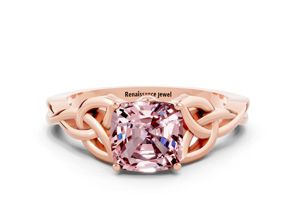 Rose gold Cushion Cut Morganite Solitaire Celtic Knot Ring with Four-Prong Setting