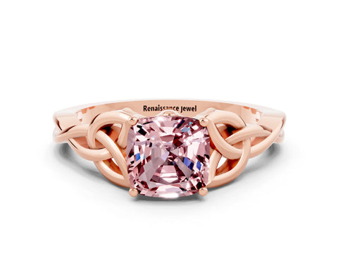 Rose gold Cushion Cut Morganite Solitaire Celtic Knot Ring with Four-Prong Setting_12
