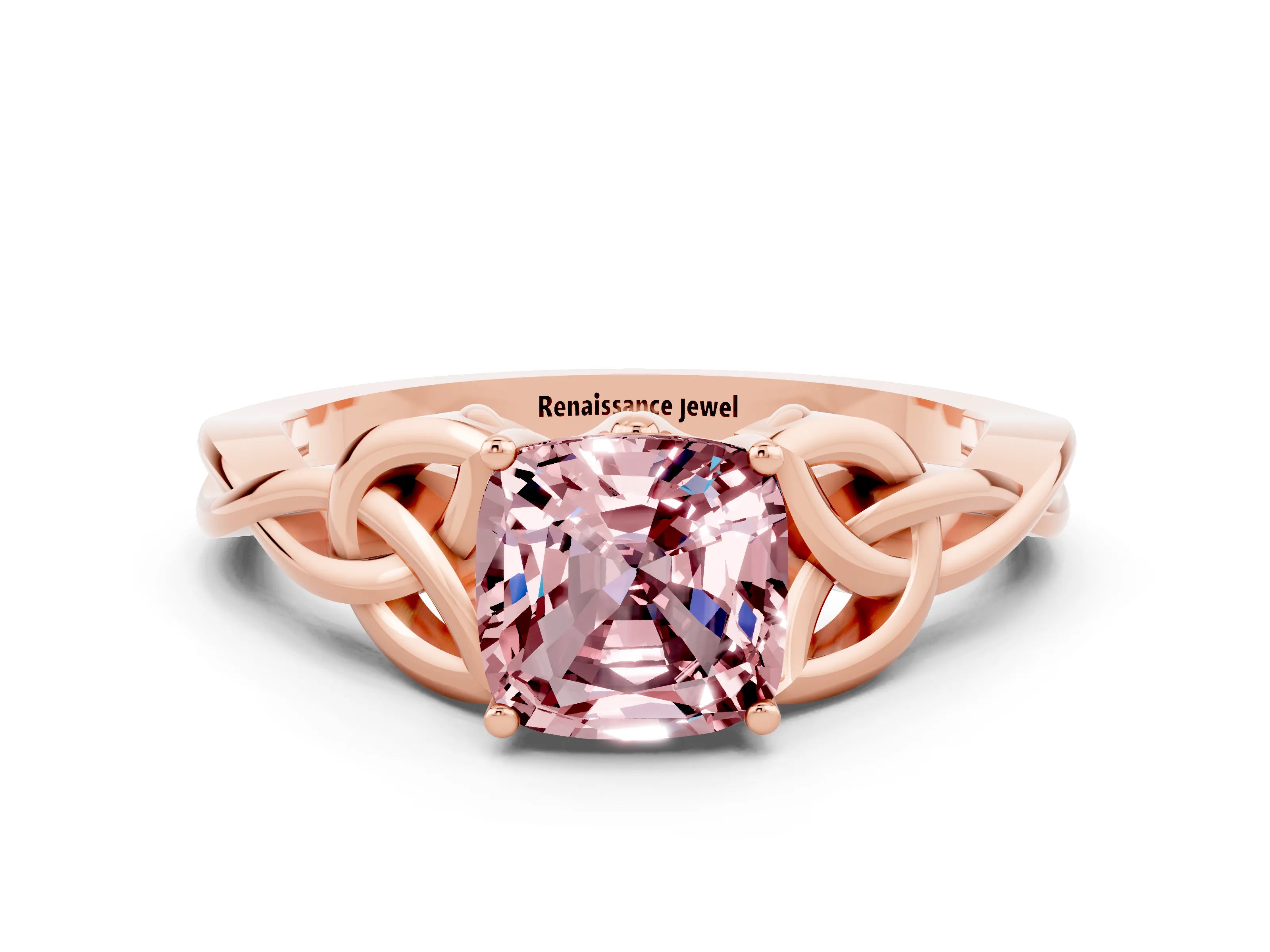 Rose gold Cushion Cut Morganite Solitaire Engagement Ring with Celtic Knot Band and Four-Prong Setting