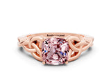 Rose gold Cushion Cut Morganite Solitaire Engagement Ring with Celtic Knot Band and Four-Prong Setting