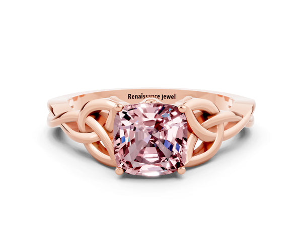 Rose gold Cushion Cut Morganite Solitaire Engagement Ring with Celtic Knot Band and Four-Prong Setting