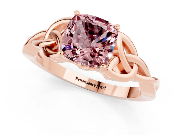 Rose gold Cushion Cut Morganite Solitaire Engagement Ring with Celtic Knot Band and Four-Prong Setting
