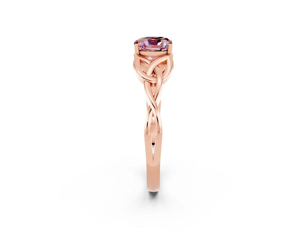 Rose gold Cushion Cut Morganite Solitaire Engagement Ring with Celtic Knot Band and Four-Prong Setting