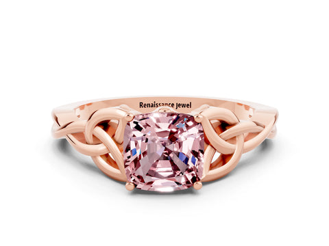 Rose gold Cushion Cut Morganite Solitaire Engagement Ring with Celtic Knot Band and Four-Prong Setting