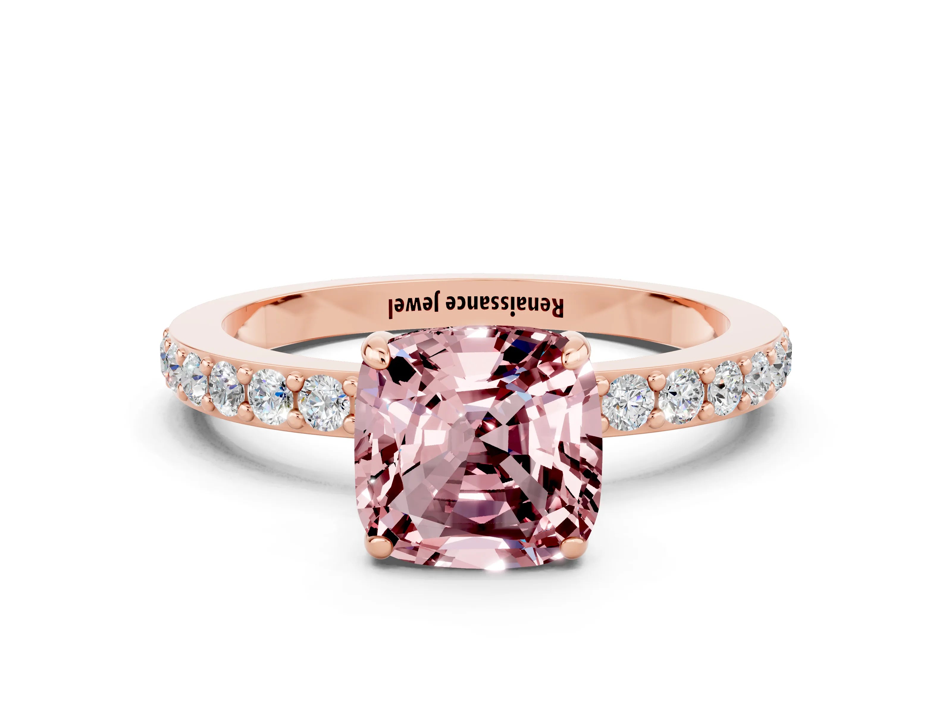 Rose gold Cushion Cut Morganite Solitaire Engagement Ring with Pavé Band and Four-Prong Setting