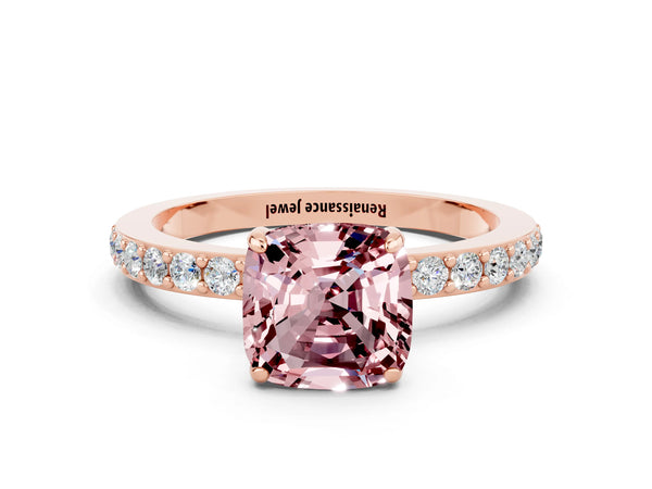 Rose gold Cushion Cut Morganite Solitaire Engagement Ring with Pavé Band and Four-Prong Setting
