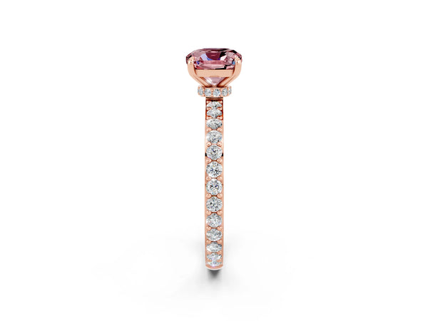 Rose gold Cushion Cut Morganite Solitaire Engagement Ring with Pavé Band and Four-Prong Setting