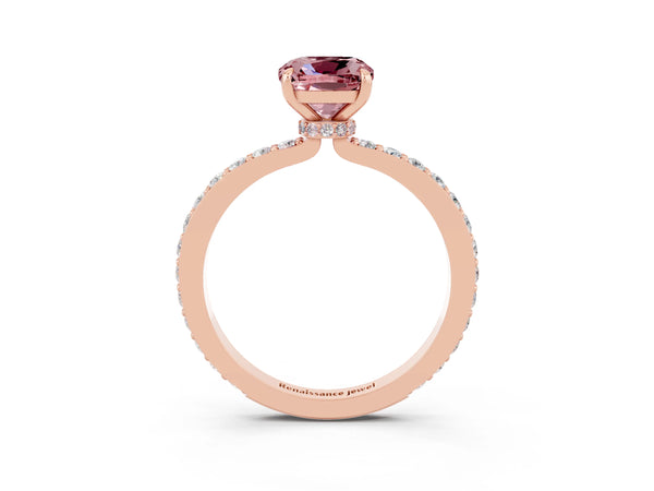 Rose gold Cushion Cut Morganite Solitaire Engagement Ring with Pavé Band and Four-Prong Setting