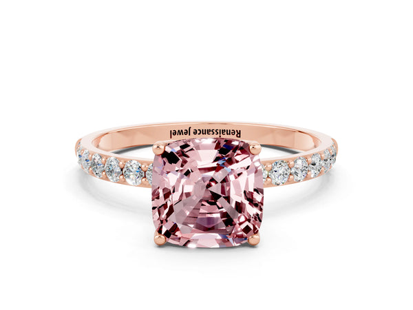 Rose gold Cushion Cut Morganite Solitaire Engagement Ring with Round  Pavé Band and Prong Setting