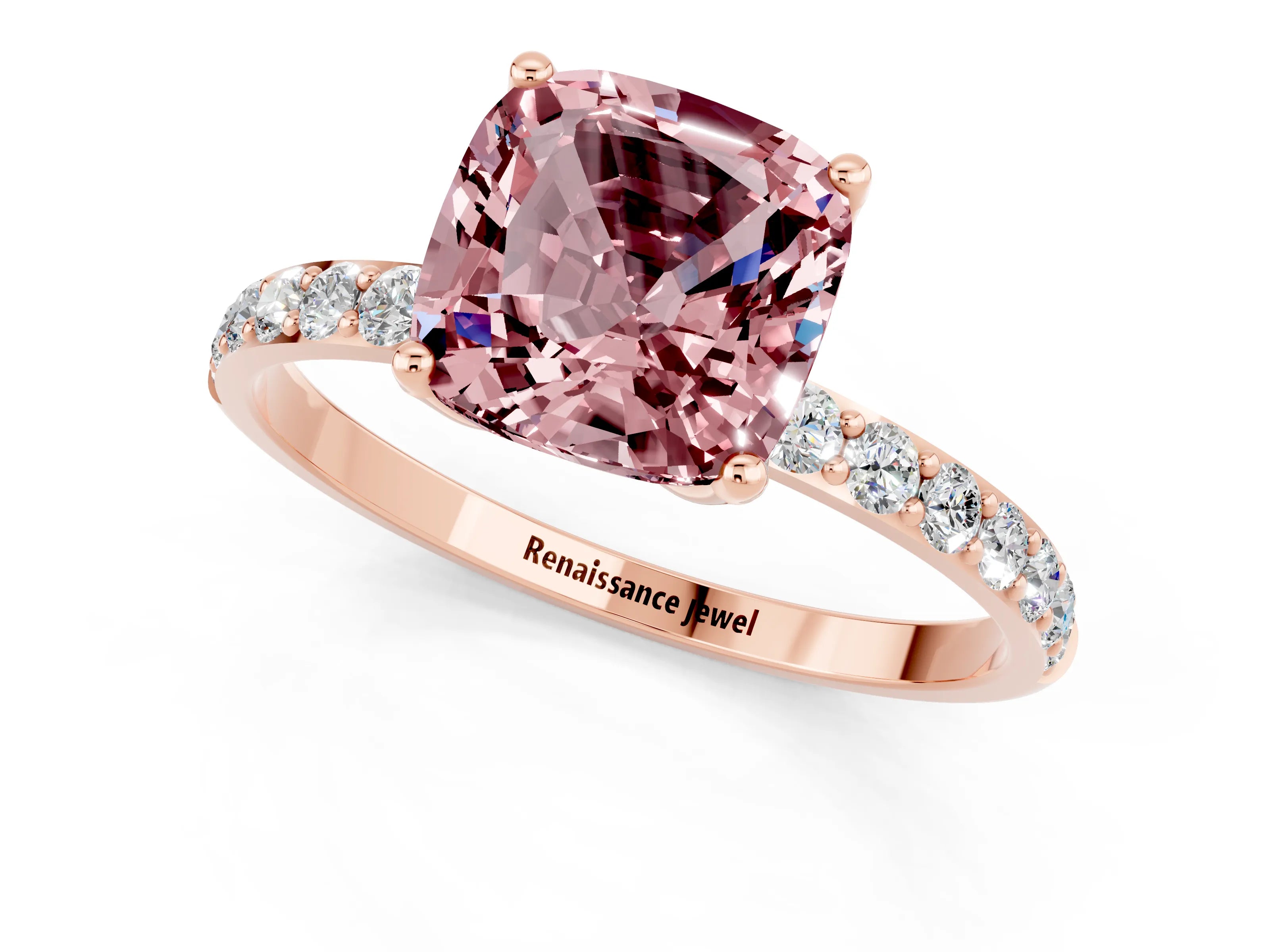 Rose gold Cushion Cut Morganite Solitaire Engagement Ring with Pavé Band and Prong Setting_1