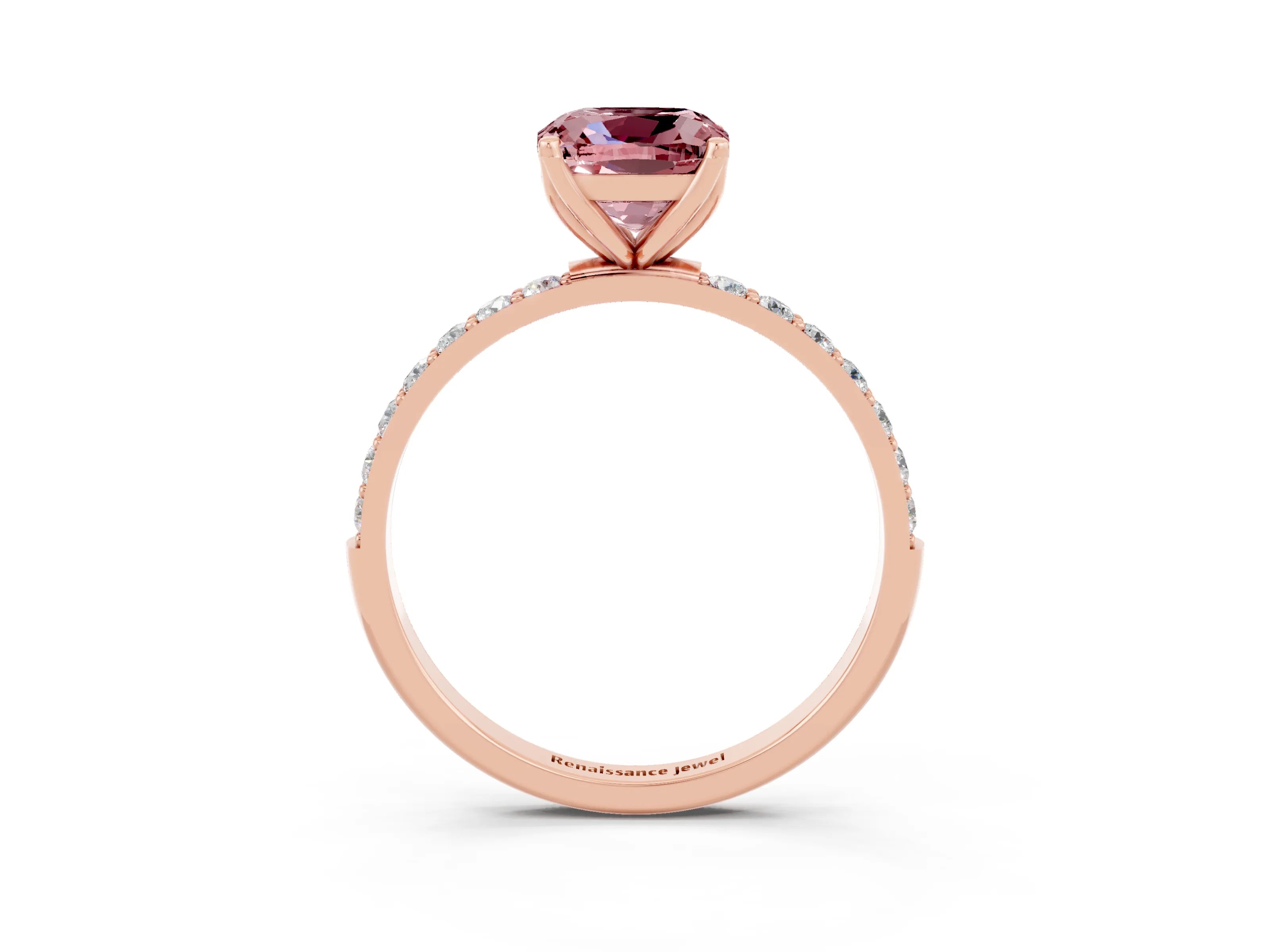 Rose gold Cushion Cut Morganite Solitaire Engagement Ring with Pavé Band and Prong Setting_3