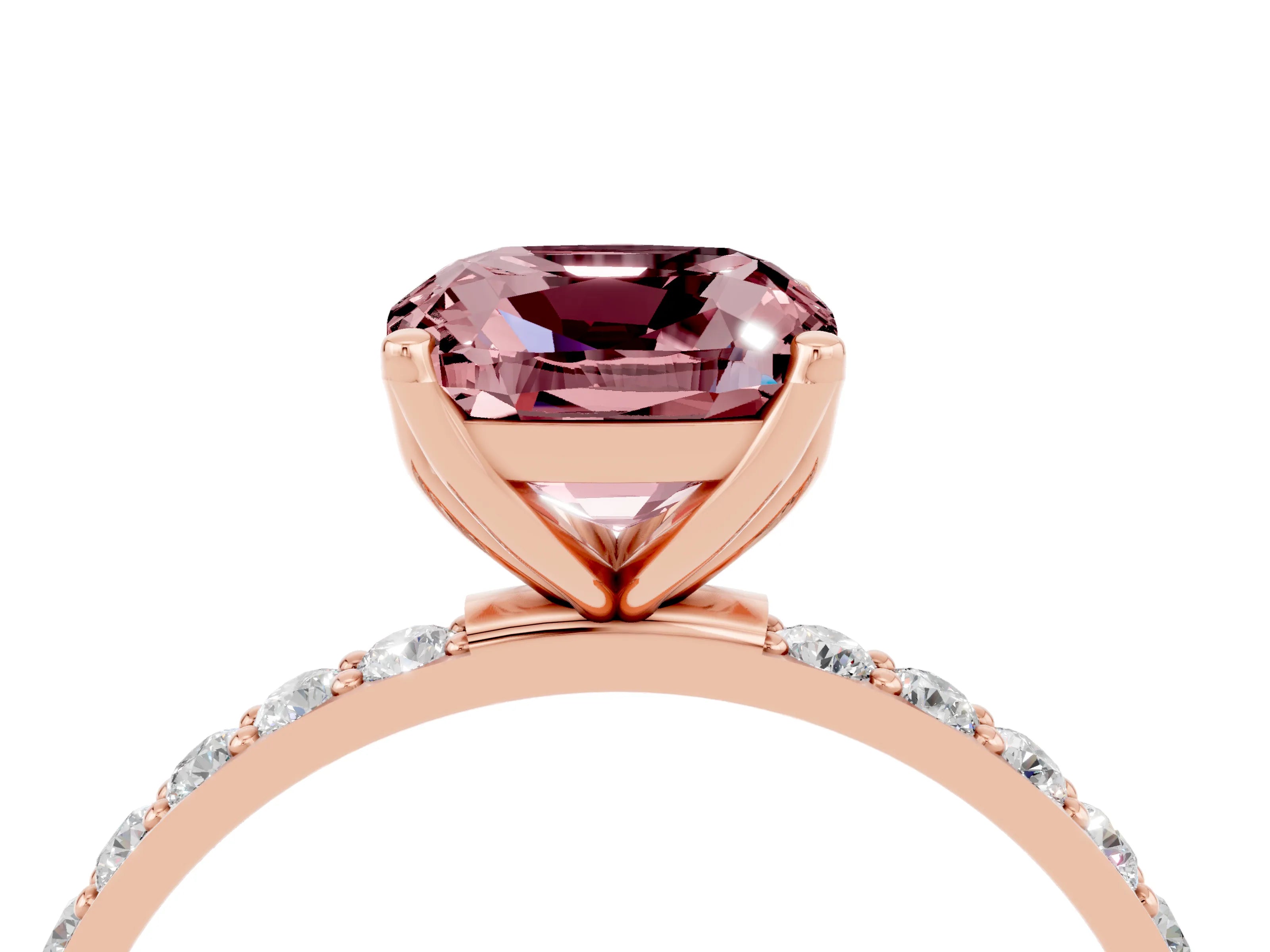 Rose gold Cushion Cut Morganite Solitaire Engagement Ring with Pavé Band and Prong Setting_4