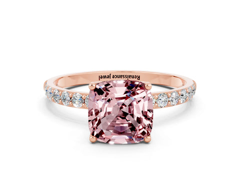 Rose gold Cushion Cut Morganite Solitaire Engagement Ring with Pavé Band and Prong Setting