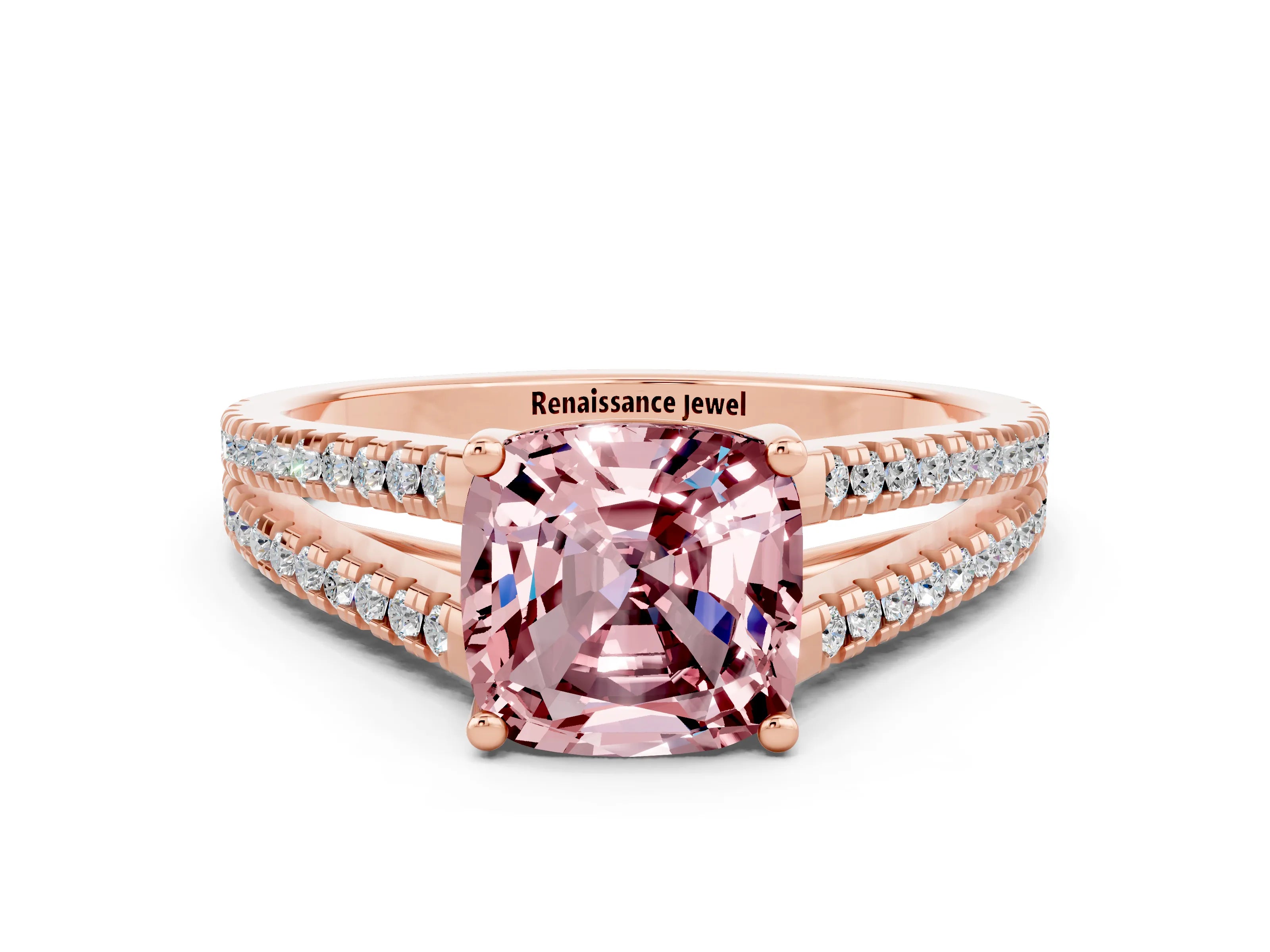 Rose gold Cushion Cut Morganite Solitaire Engagement Ring with Split Shank Pavé Band