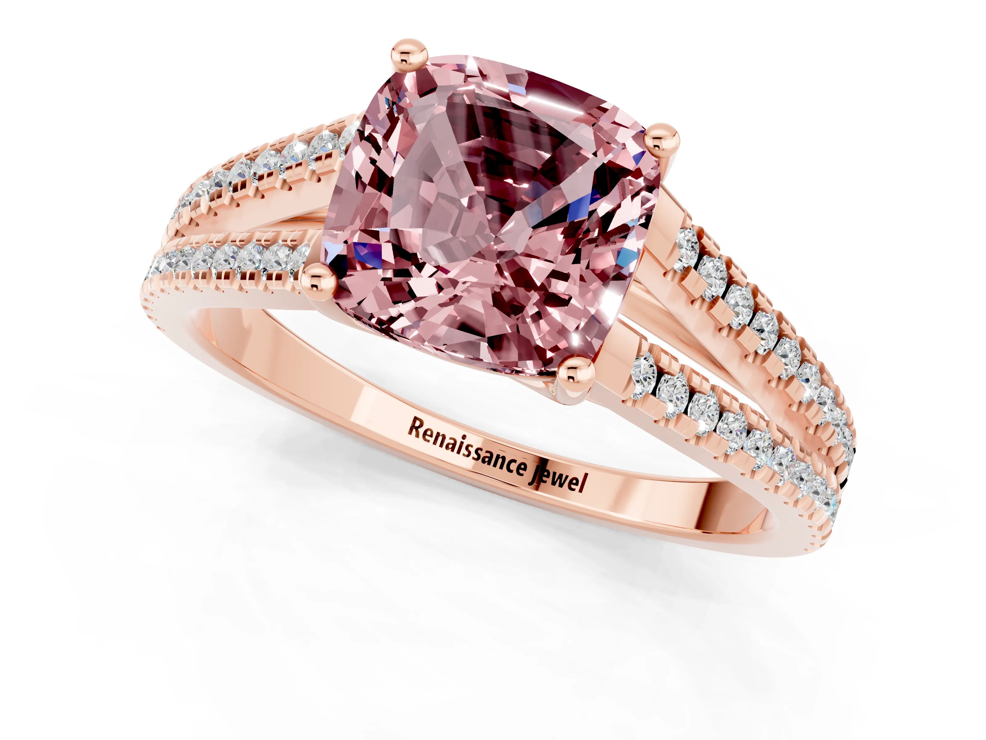 Rose gold Cushion Cut Morganite Solitaire Engagement Ring with Split Shank Pavé Band_1