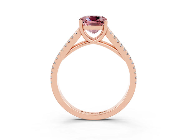 Rose gold Cushion Cut Morganite Solitaire Engagement Ring with Split Shank Pavé Band