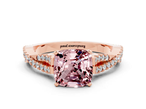 Rose gold Cushion Cut Morganite Solitaire Engagement Ring with Twisted Pavé Band and Four-Prong Setting_12