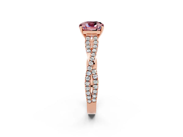 Rose gold Cushion Cut Morganite Solitaire Engagement Ring with Twisted Pavé Band and Four-Prong Setting