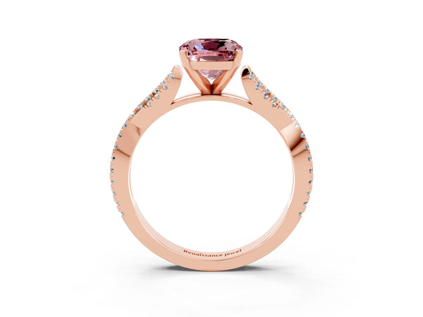 Rose gold Cushion Cut Morganite Solitaire Engagement Ring with Twisted Pavé Band and Four-Prong Setting