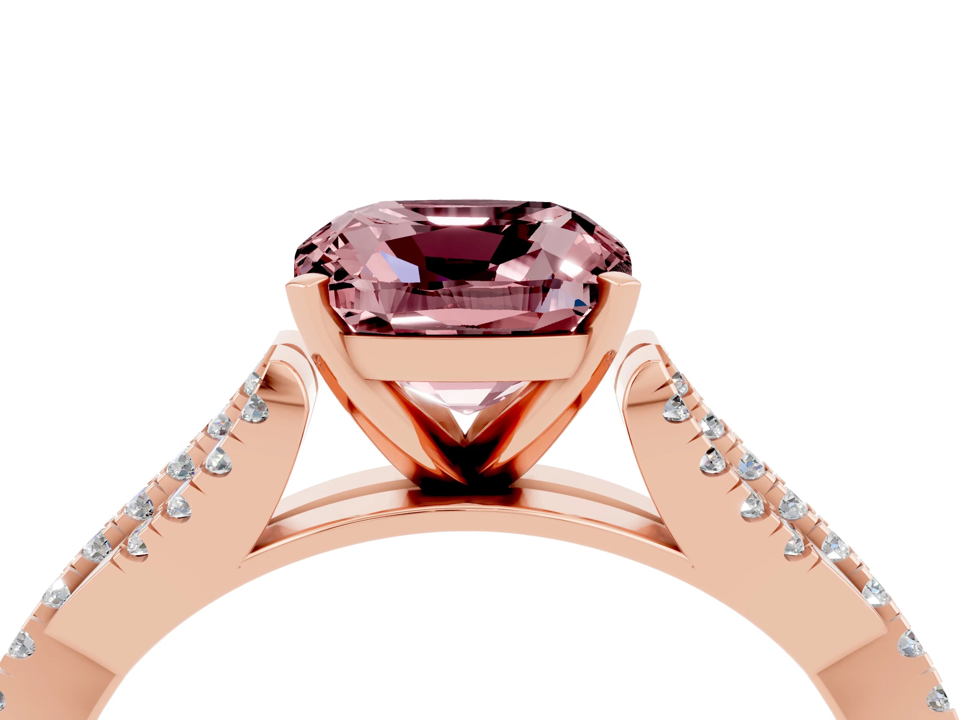 Rose gold Cushion Cut Morganite Solitaire Engagement Ring with Twisted Pavé Band and Four-Prong Setting_16