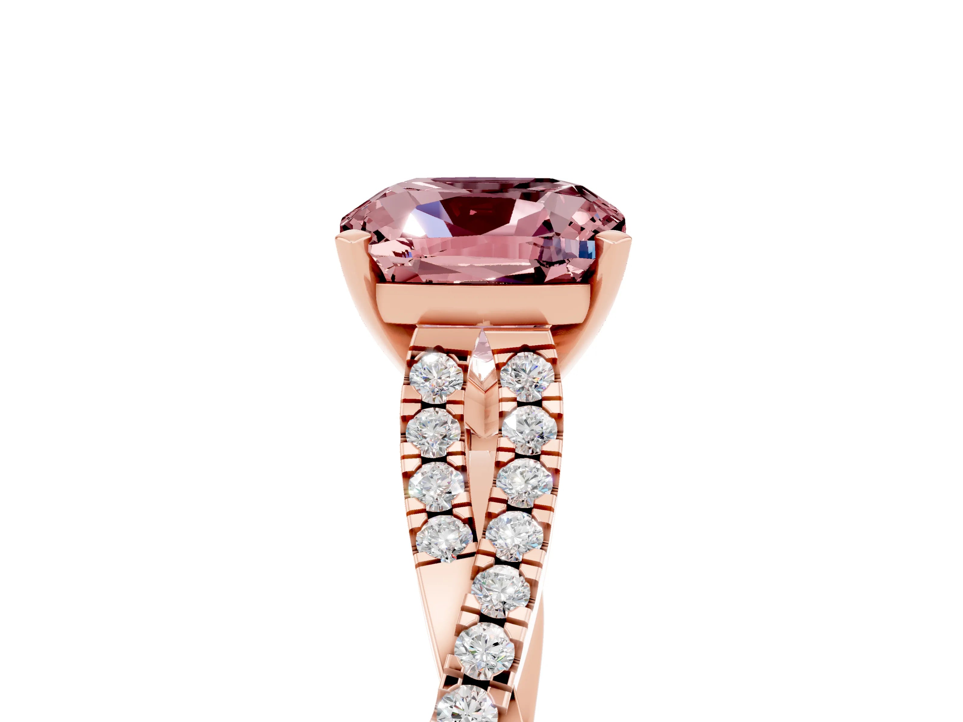 Rose gold Cushion Cut Morganite Solitaire Engagement Ring with Twisted Pavé Band and Four-Prong Setting_17