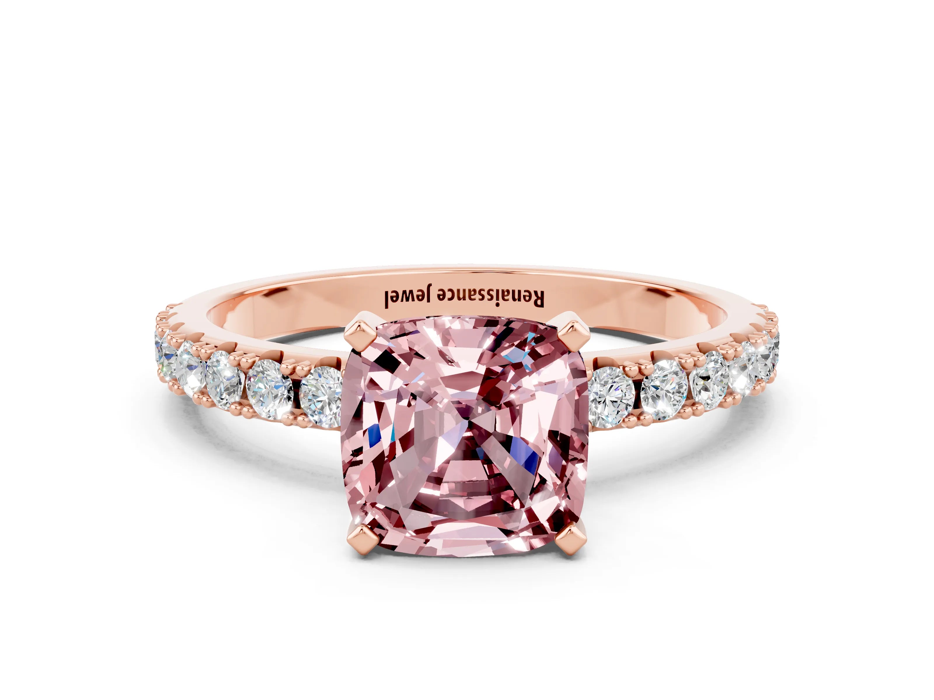 Rose gold Cushion Cut Morganite Solitaire Pavé Band with Four-Prong Setting