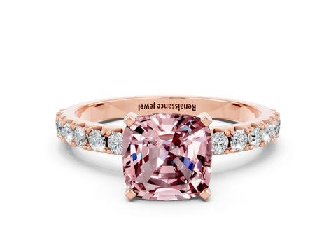 Rose gold Cushion Cut Morganite Solitaire Pavé Band with Four-Prong Setting