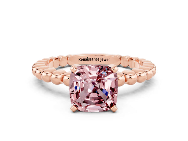 Rose gold Cushion Cut Morganite Solitaire Ring with Beaded Band and Prong Setting