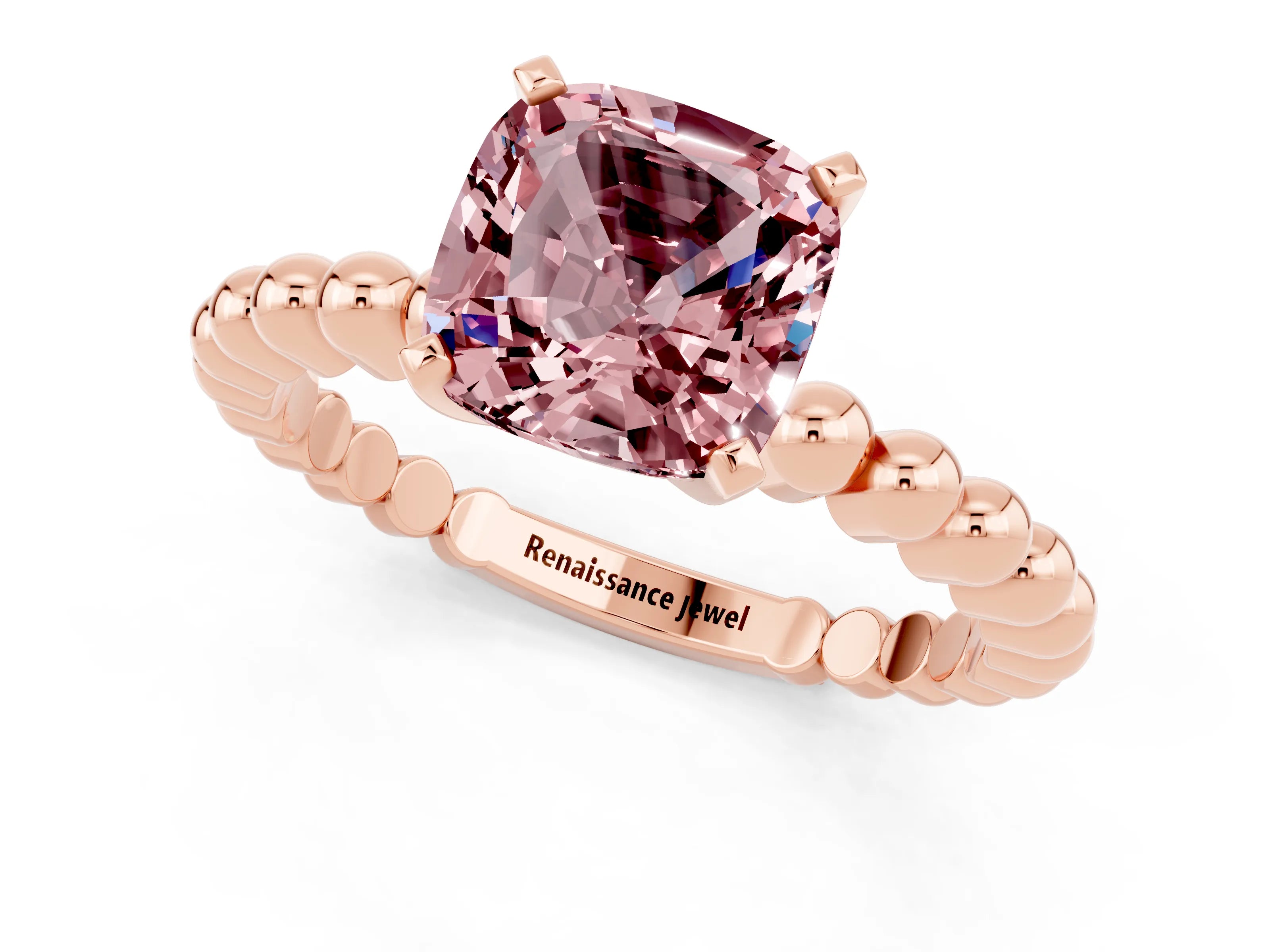 Rose gold Cushion Cut Morganite Solitaire Ring with Beaded Band and Prong Setting_1