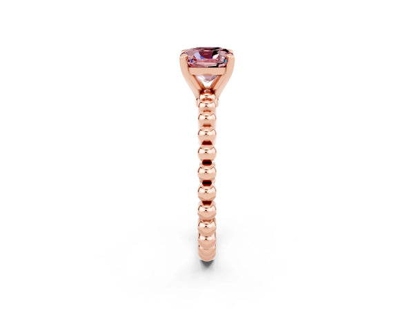 Rose gold Cushion Cut Morganite Solitaire Ring with Beaded Band and Prong Setting