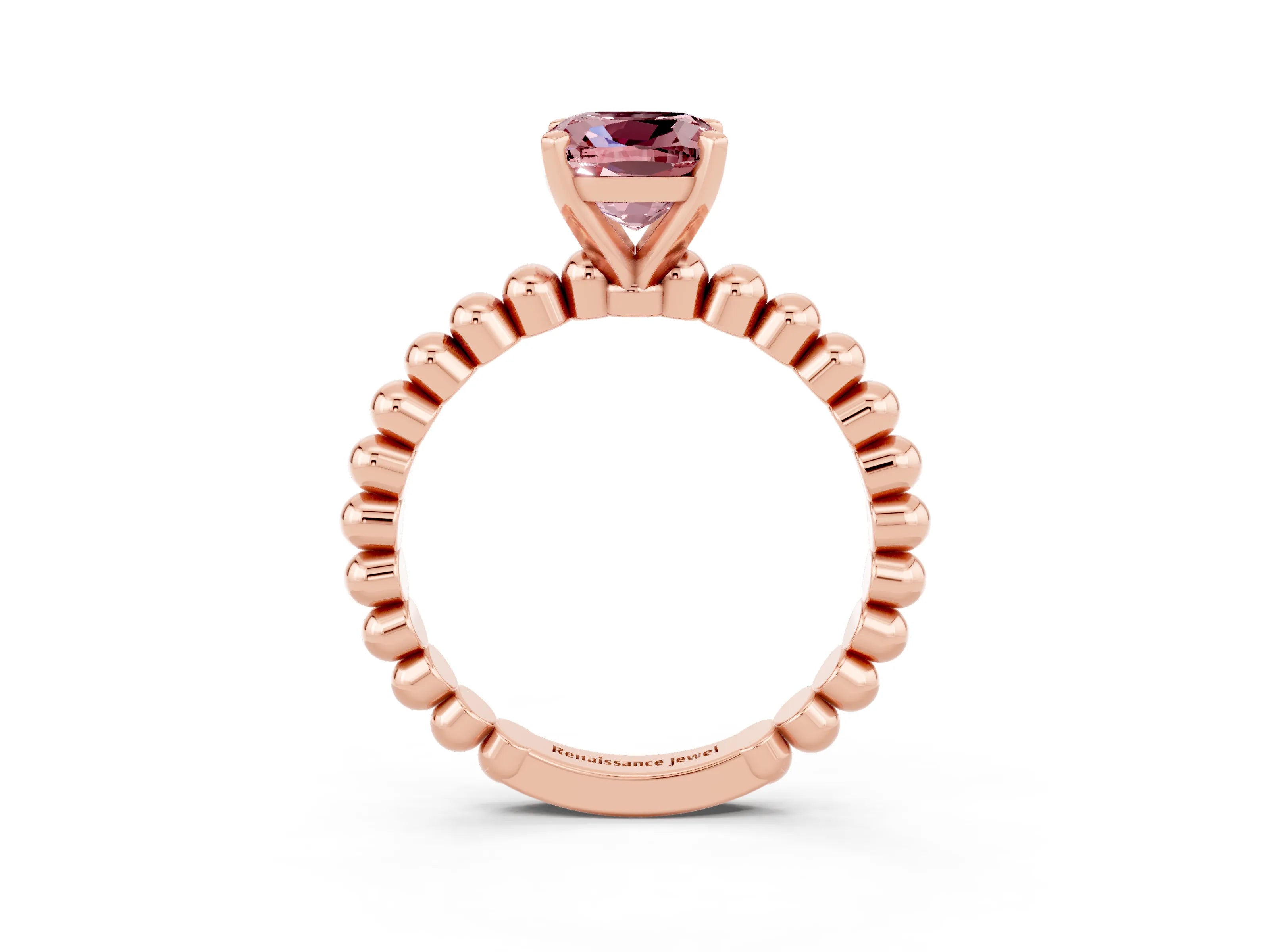 Rose gold Cushion Cut Morganite Solitaire Ring with Beaded Band and Prong Setting_3