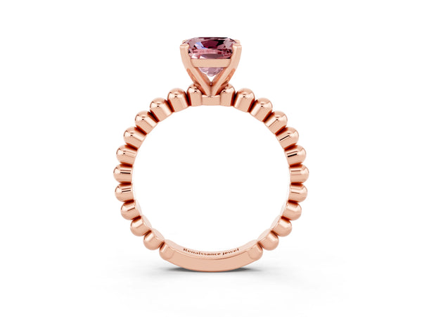 Rose gold Cushion Cut Morganite Solitaire Ring with Beaded Band and Prong Setting