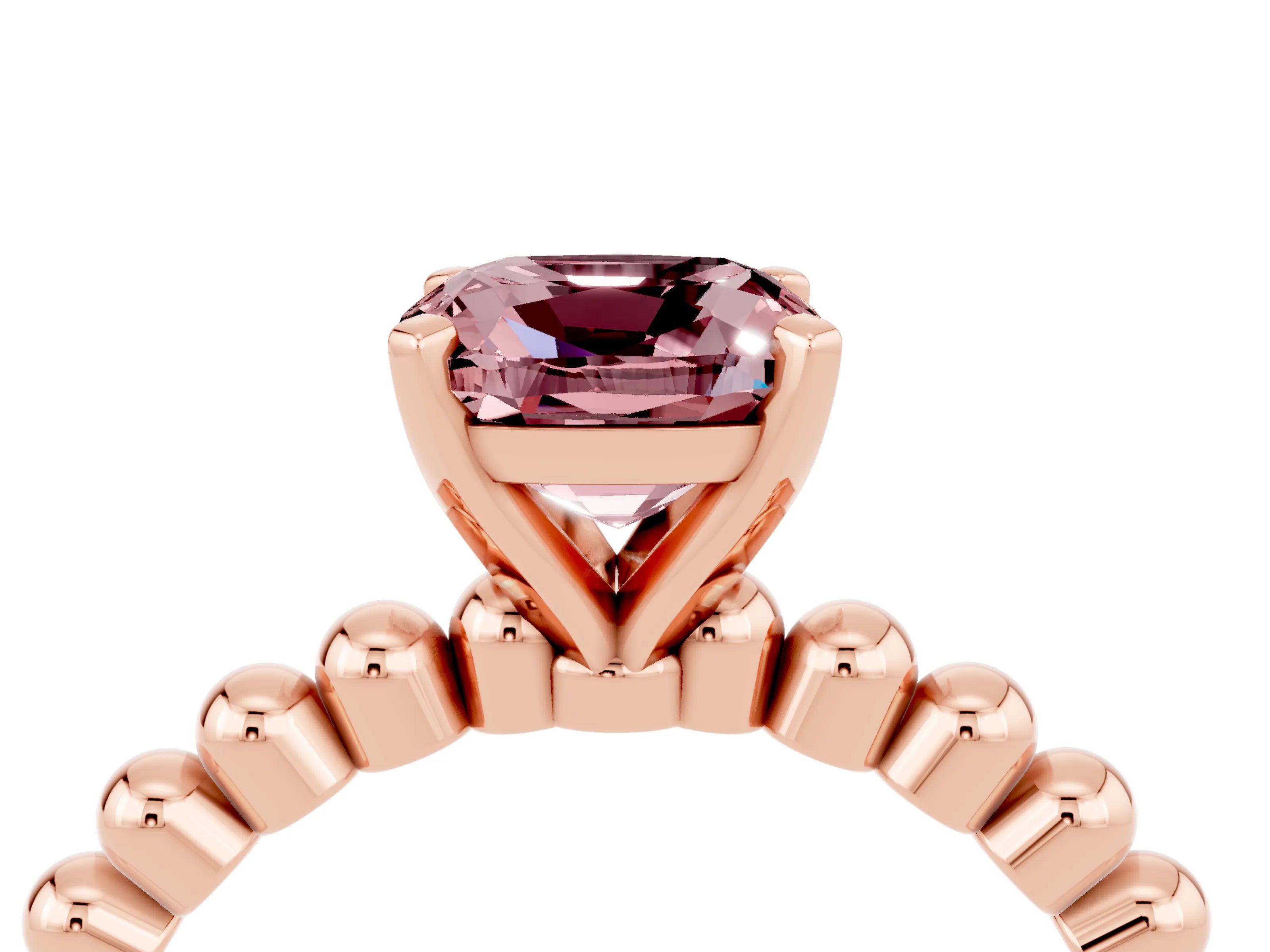 Rose gold Cushion Cut Morganite Solitaire Ring with Beaded Band and Prong Setting_4