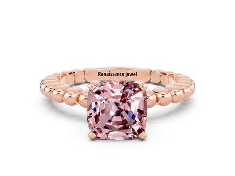 Rose gold Cushion Cut Morganite Solitaire Ring with Beaded Band and Prong Setting