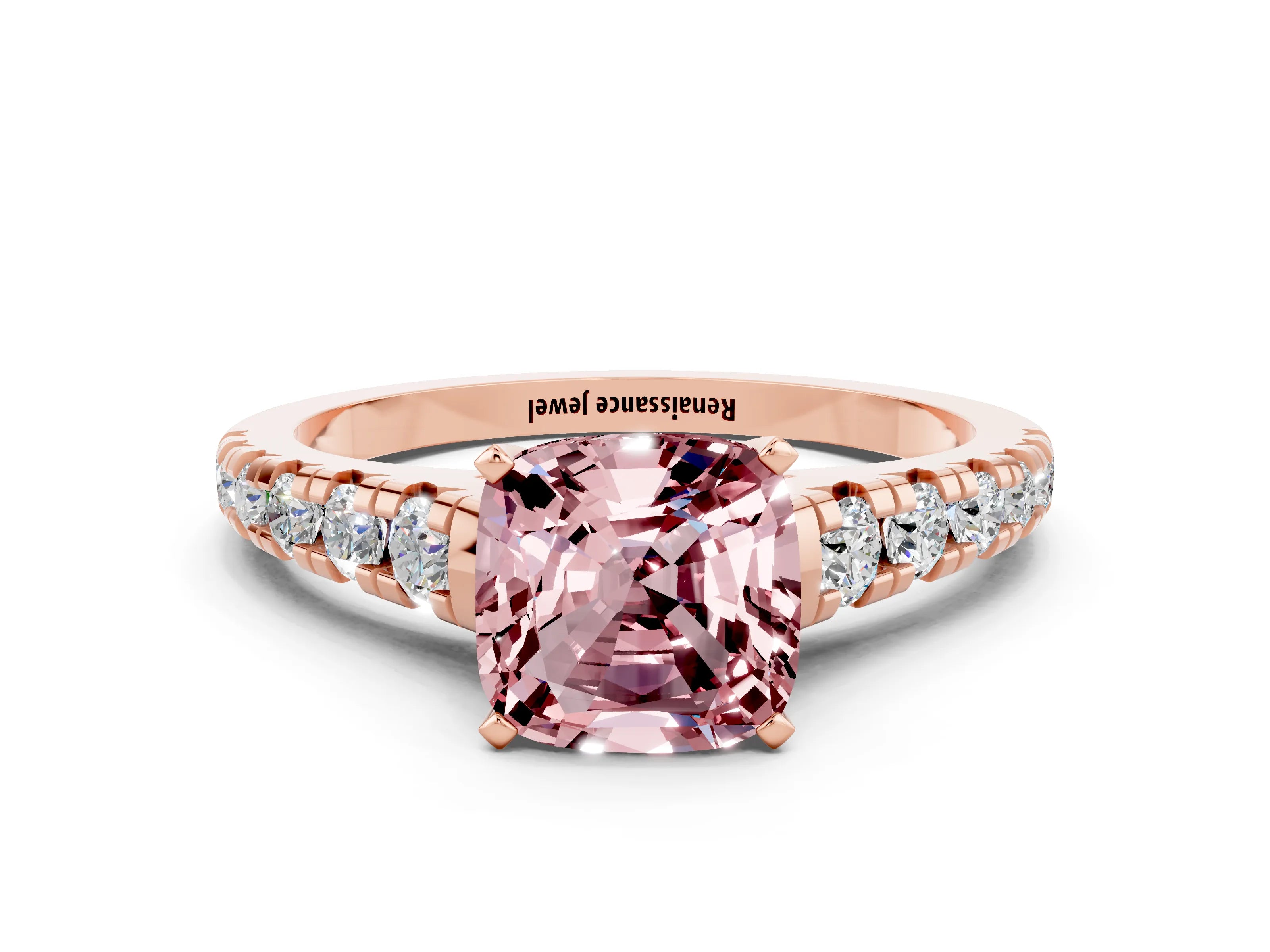 Rose gold Cushion Cut Morganite Solitaire Ring with Cathedral Setting and Pavé Band