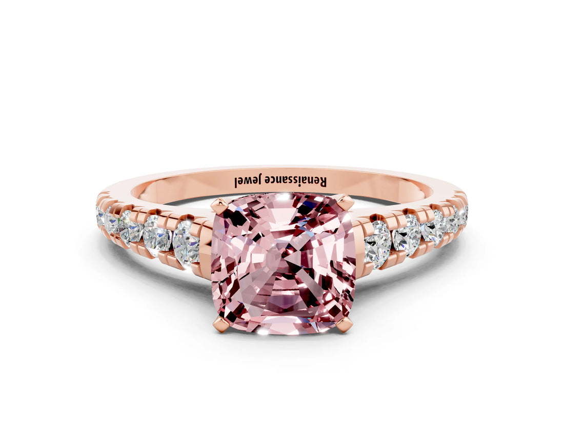Rose gold Cushion Cut Morganite Solitaire Ring with Cathedral Setting and Pavé Band