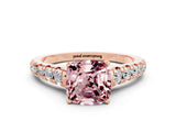 Rose gold Cushion Cut Morganite Solitaire Ring with Cathedral Setting and Pavé Band