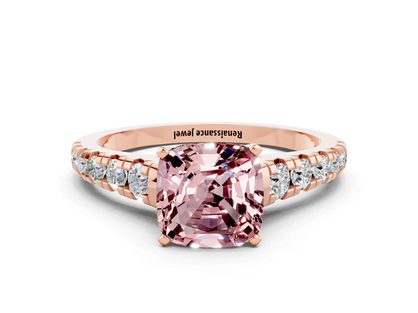 Rose gold Cushion Cut Morganite Cathedral Solitaire Ring with Round  Pavé Band
